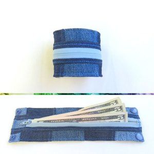 Wrist Wallet with Zipper - Denim Patchwork